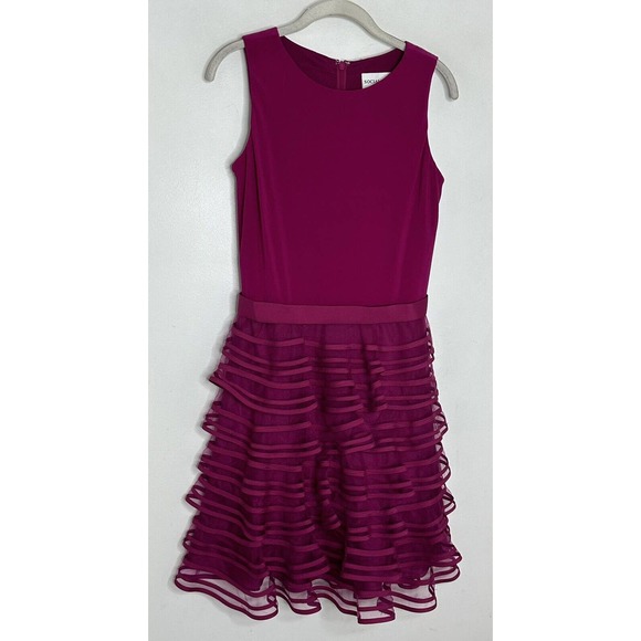 Mon Cheri Social Occasions Raspberry Sleeveless Mesh Flare Dress Size 4 New - Picture 3 of 7